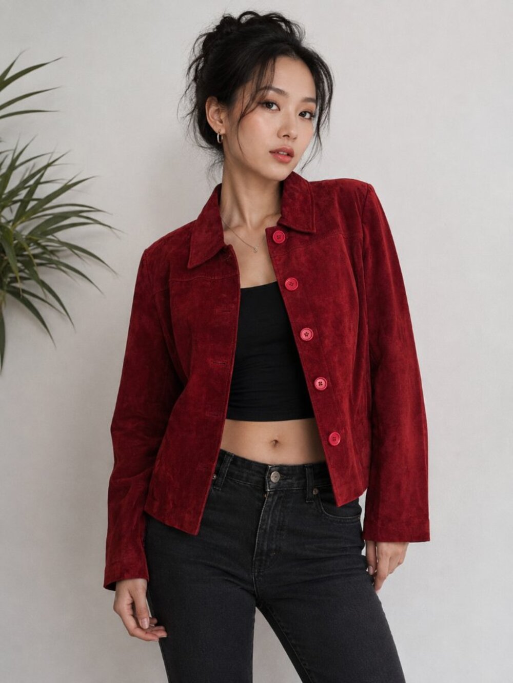 Vintage Bernardo Burgundy Red Suede Leather Jacket XL Y2K Button Front Coat